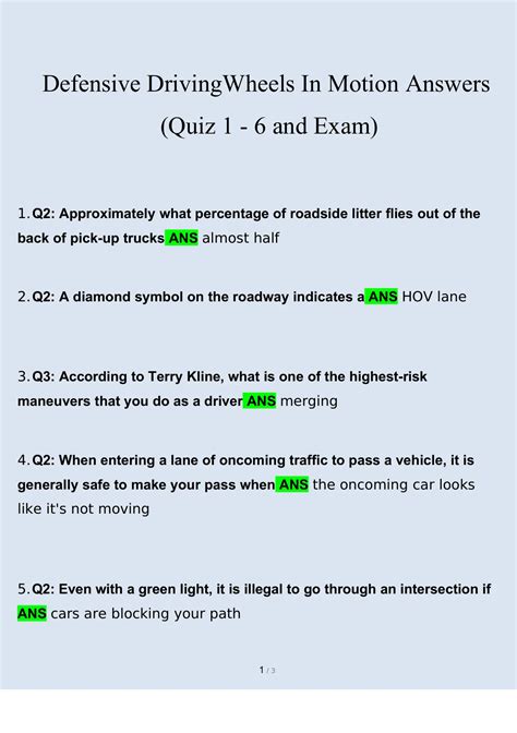 Defensive Driving Wheels In Motion Quiz 1 6 And Exam Questions And