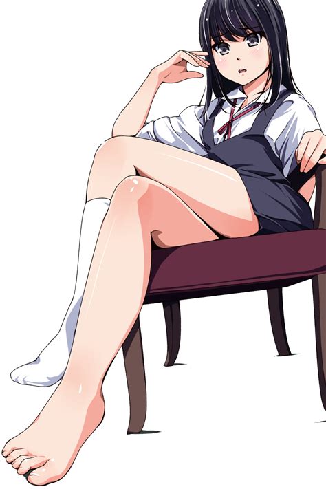 Safebooru 1girl Barefoot Black Eyes Black Hair Blush Chair Crossed