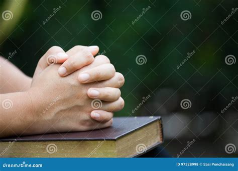 Woman Hands Folded In Prayer On A Holy Bible For Faith Concept Stock