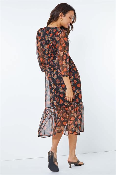 Orange Paisley Print Midi Stretch Dress Roman Uk