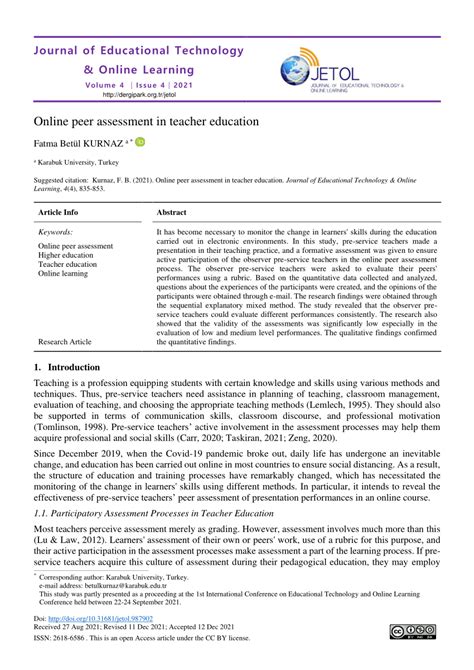 Pdf Online Peer Assessment In Teacher Education