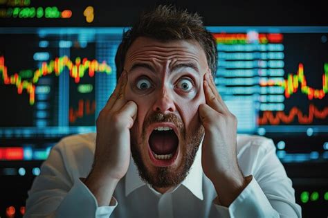 Stressed stock trader screaming holding head watching bad market data ...