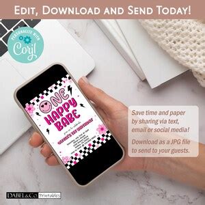 One Happy Babe Birthday Invitation Baby S 1st Birthday Editable Template Smile Daisy Party