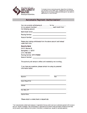 Fillable Online Automatic Payment Authorization Form Security Bank