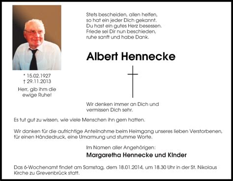 Traueranzeigen Von Albert Hennecke Trauer In Nrw De