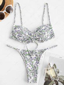 Brit Manuela X ZAFUL Plant Print Ribbed Cinched String Bikini Swimwear In WHITE ZAFUL 2025