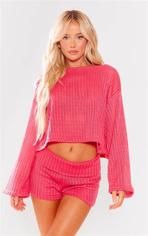 bright pink textured rib oversized long sleeve top  ords plt
