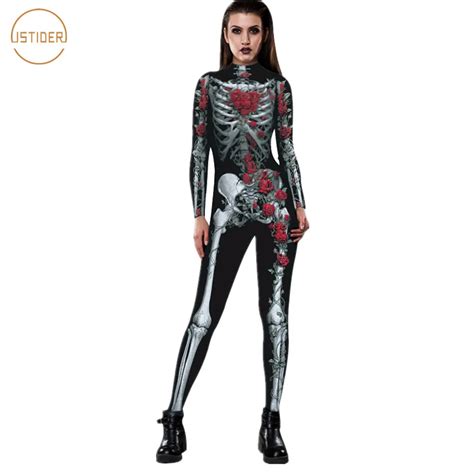 ISTider Adult Skeleton Halloween Black Bodysuit Women 3D Skulls Roses