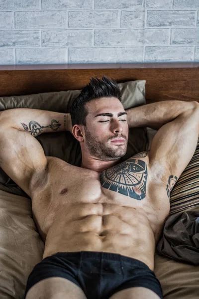 Shirtless Muscular Sexy Male Model Lying Alone Bed His Bedroom — Stock