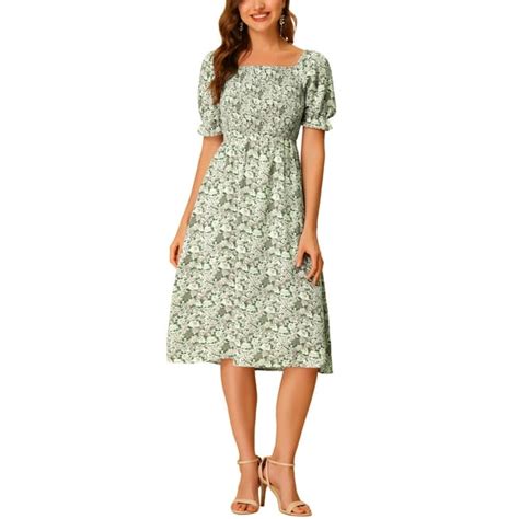 Allegra K Womens Smocked Floral Square Neck Short Puff Sleeve Summer Midi Dress