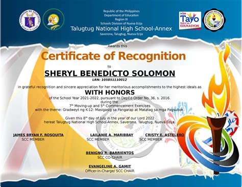 Certificate For Honors Republic Of The Philippines Department Of