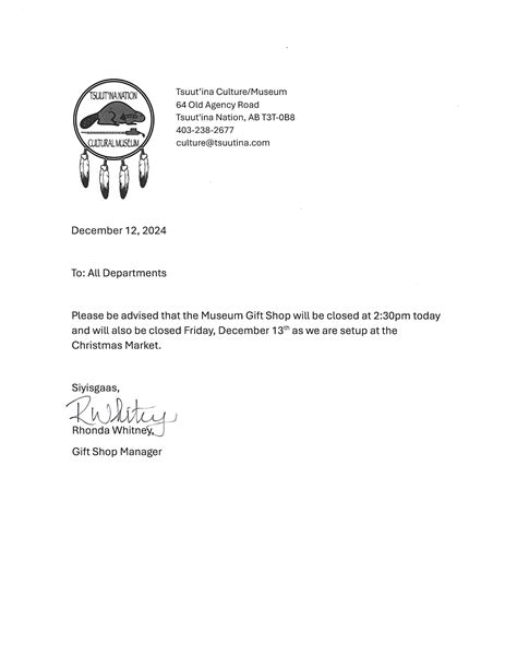 MEMO - Museum Gift Shop Closure | Tsuut’ina