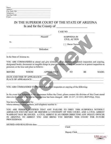 Arizona Subpoena Form With Points Us Legal Forms