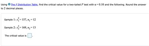 Solved Using The F Distribution Table Find The Critical Chegg