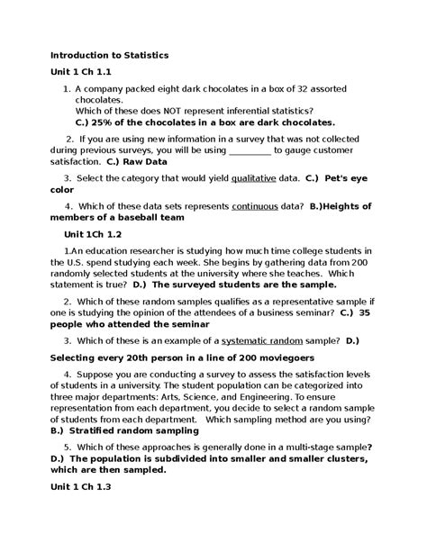 Introduction to Statistics Unit 1 Chapters 1.1-1.5 & 2.2 Study Notes