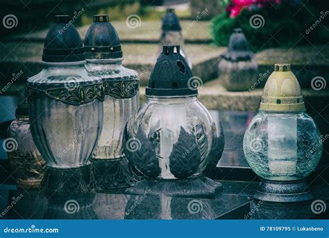 Votive Candles Lantern On The Grave In Slovak Cemetery All Saints Day