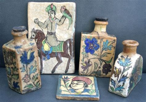 3 Jugs And 2 Tiles 5 Earthenware Persian Qajar Style Catawiki