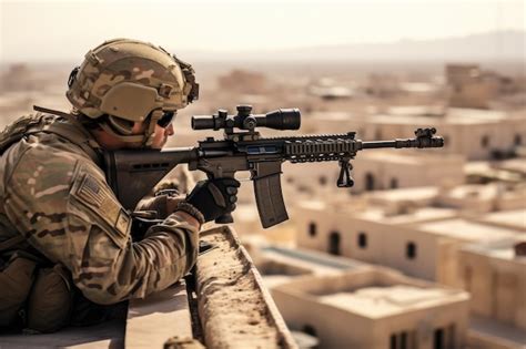 premium photo  man sits  top   building  holding  rifle