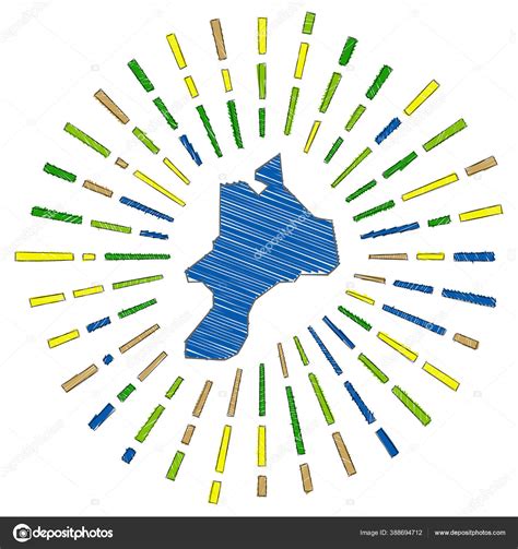 Sketch map of Mayreau Sunburst around the island in flag colors Hand