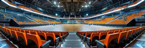 empty arena  empty indoor arena  orange seats   basketball