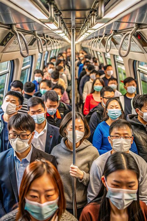 Crowd of Commuters Wearing Masks on Train Illustration | Premium AI