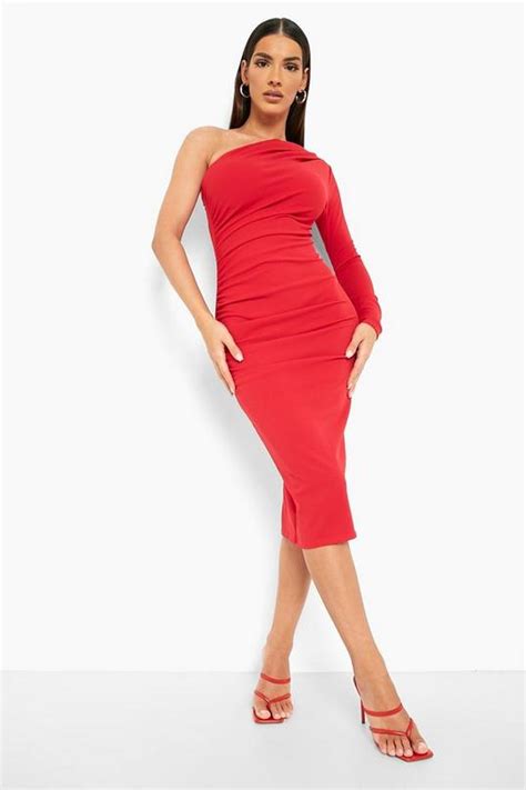 Asymmetric Ruched Midi Dress Boohoo Usa