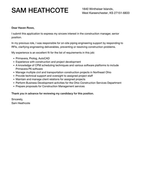 Construction Manager Senior Cover Letter Velvet Jobs