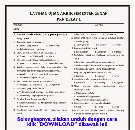 Download Soal Ukk Pkn Kelas 1 Semester Genap Rief Awa Blog Download