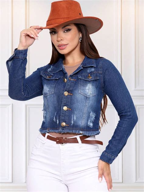 Jaqueta Cropped Curta Jeans Destroyed Feminina Moda Country Sertanejo