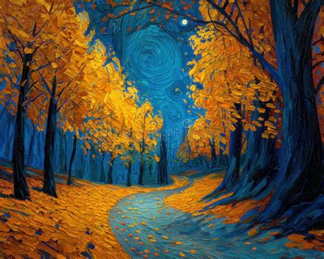 Vibrant Autumn Forest Scene Inspired By Van Goghs Style Stock