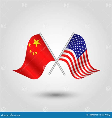 Vector Two Crossed American Chinese Flags On Silver Sticks Symbol Of