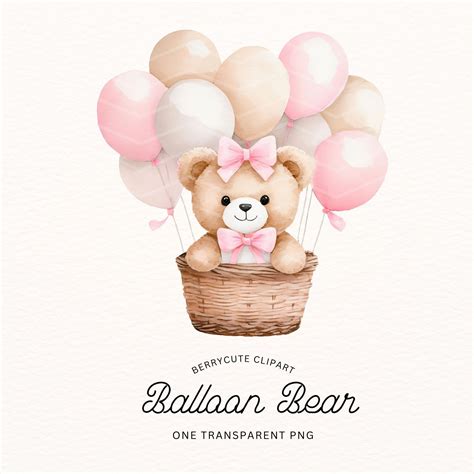 Bear In Basket With Balloons Clipart Neutral Pink Teddy PNG Hot Air