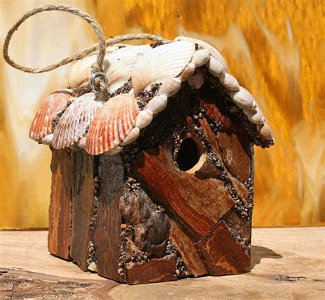 Driftwood Birdhousesea Shell Roof Birdhouses Rustic Wood Etsy