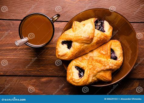 Sweet Buns With Blueberry Jam On Wooden Boards Hot Chocolate With Appetizing Buns Stock Image