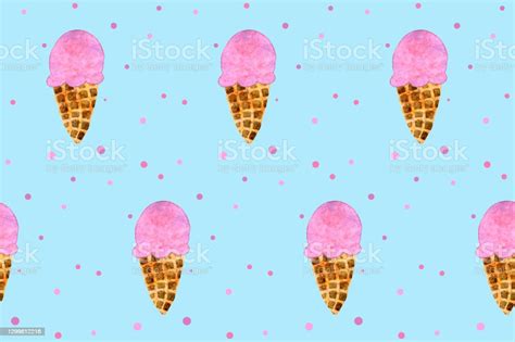 Seamless Pattern With Pink Strawberry Ice Cream Cone On Blue Board