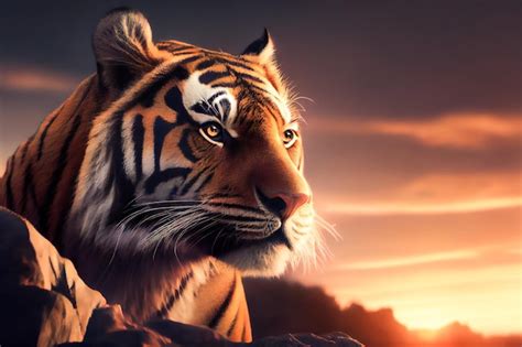 Premium Photo Portrait Of A Tiger At Sunset Generative Aixa