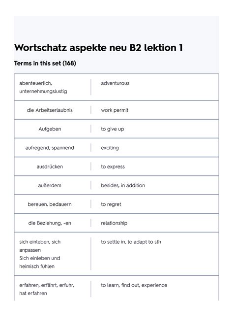 Wortschatz Aspekte Neu B2 Lektion 1 Flashcards Quizlet Wortschatz