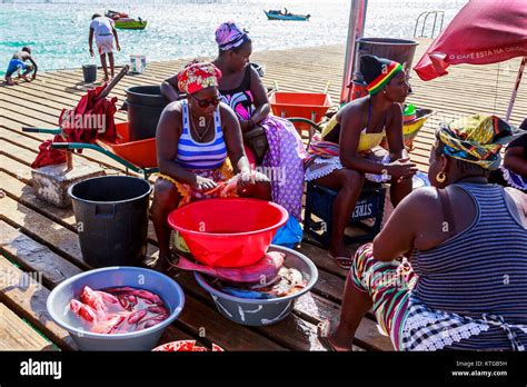 Local Woman Gutting And Cleaning Freshly Caught Fish On The Pier At