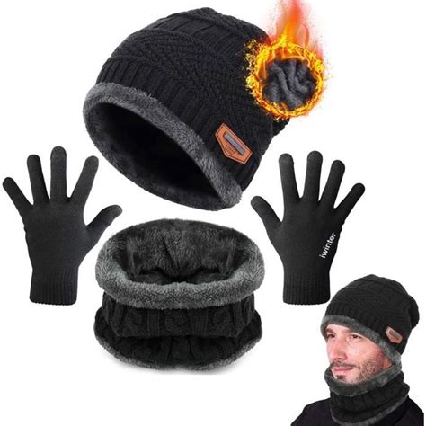 Homme Bonnet Tricoté Écharpe Gants D Hiver Tour De Cou Avec Double