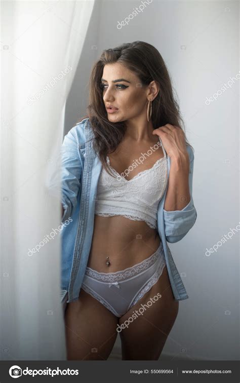 Attractive Sexy Brunette White Lingerie Denim Shirt Posing