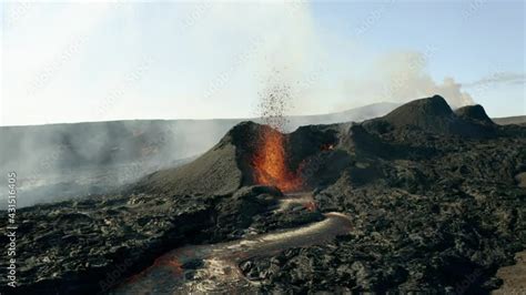 Red Molte Lava Flow And Fountain At Crater Of Fagradalsfjall Volcano In