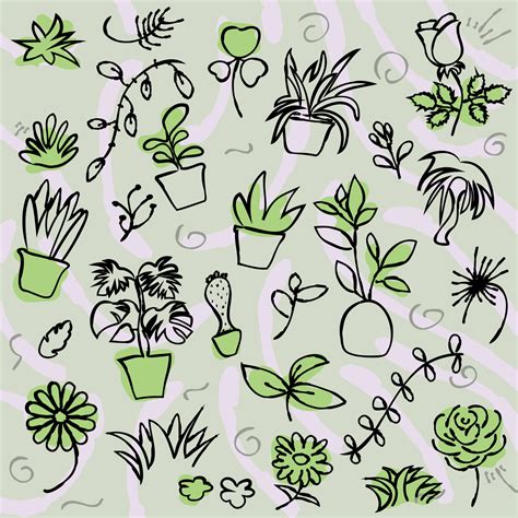 Collection of handdrawn doodles, lines, scribble style with plant ...