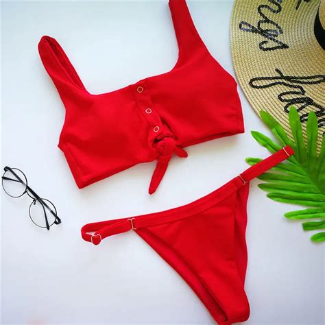 Sexy Knotted Tie Women Bikini Set 2018 Button Bathing Suit Tankini Push