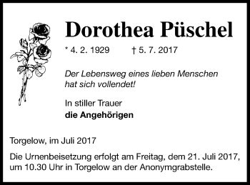 Traueranzeigen Von Dorothea P Schel Trauer Nordkurier