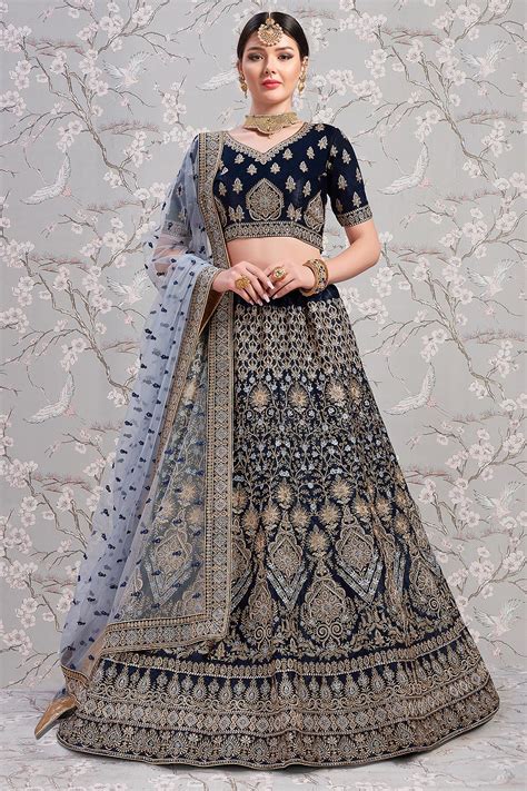 Buy Zari Embroidered Blue Satin Silk Lehenga Choli Online Like A Diva