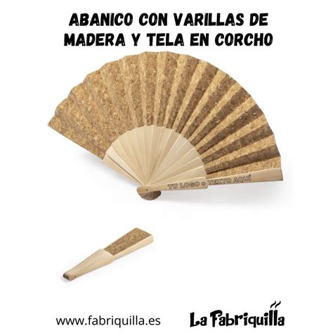 Abanico en madera natural y tela de corcho personalizado con láser