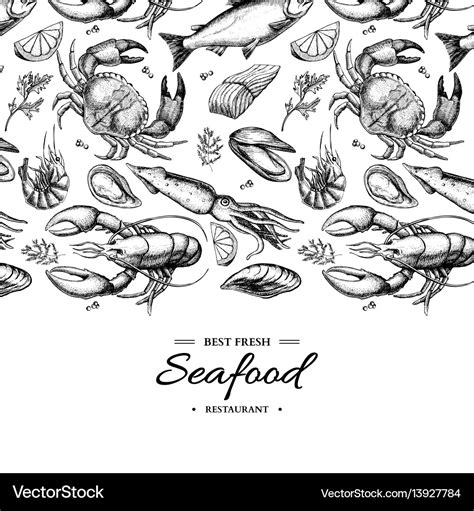 Seafood Hand Drawn Framed Royalty Free Vector Image