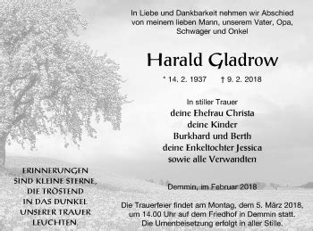 Traueranzeigen Von Harald Gladrow Trauer Nordkurier