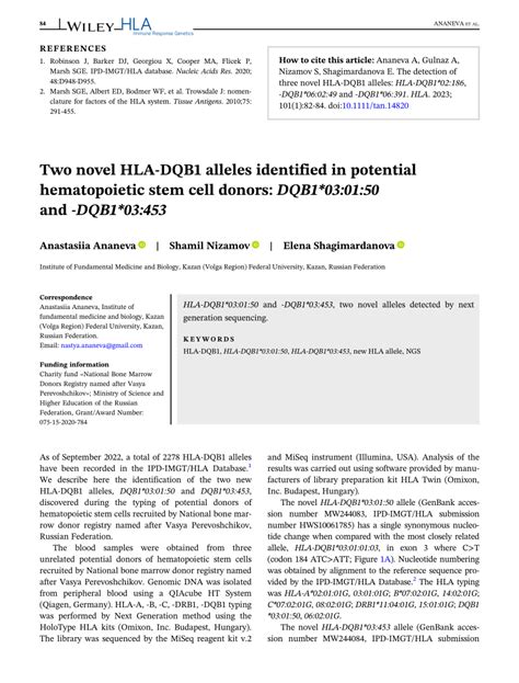 Two Novel Hla‐dqВ1 Alleles Identified In Potential Hematopoietic Stem Cell Donors Dqb1 03 01 50