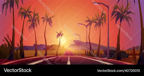 Road With Palm Trees By Sides Sunset Perspective Vector Image